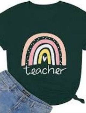 Teacher Rainbow Graphic Tee - Dark Green